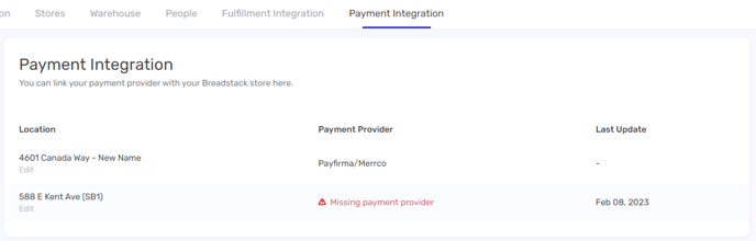 Screenshot Breadstack payment integration list