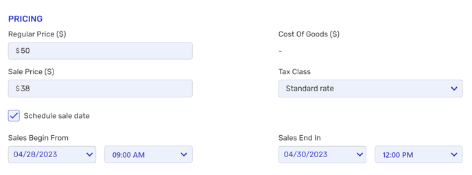 Screenshot product price adjustment