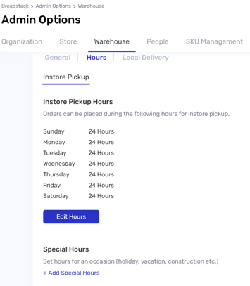 Screenshot warehouse pickup hours