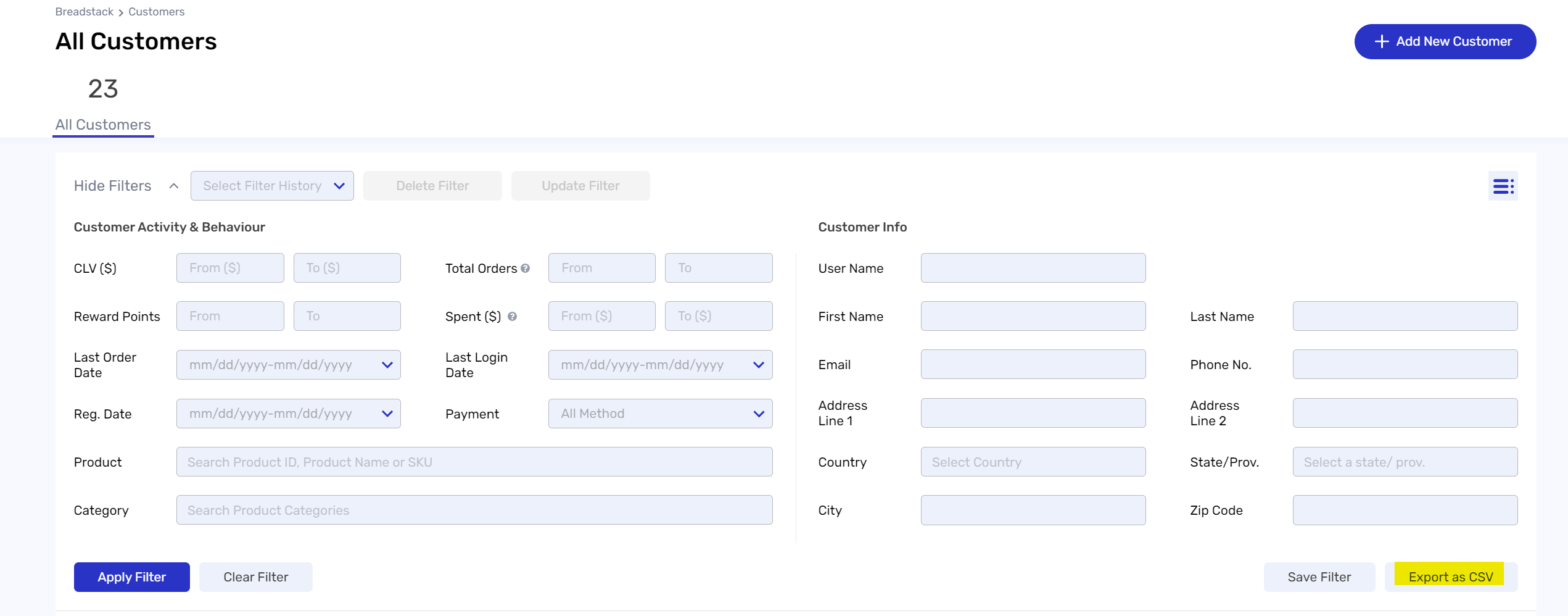 Export customer list