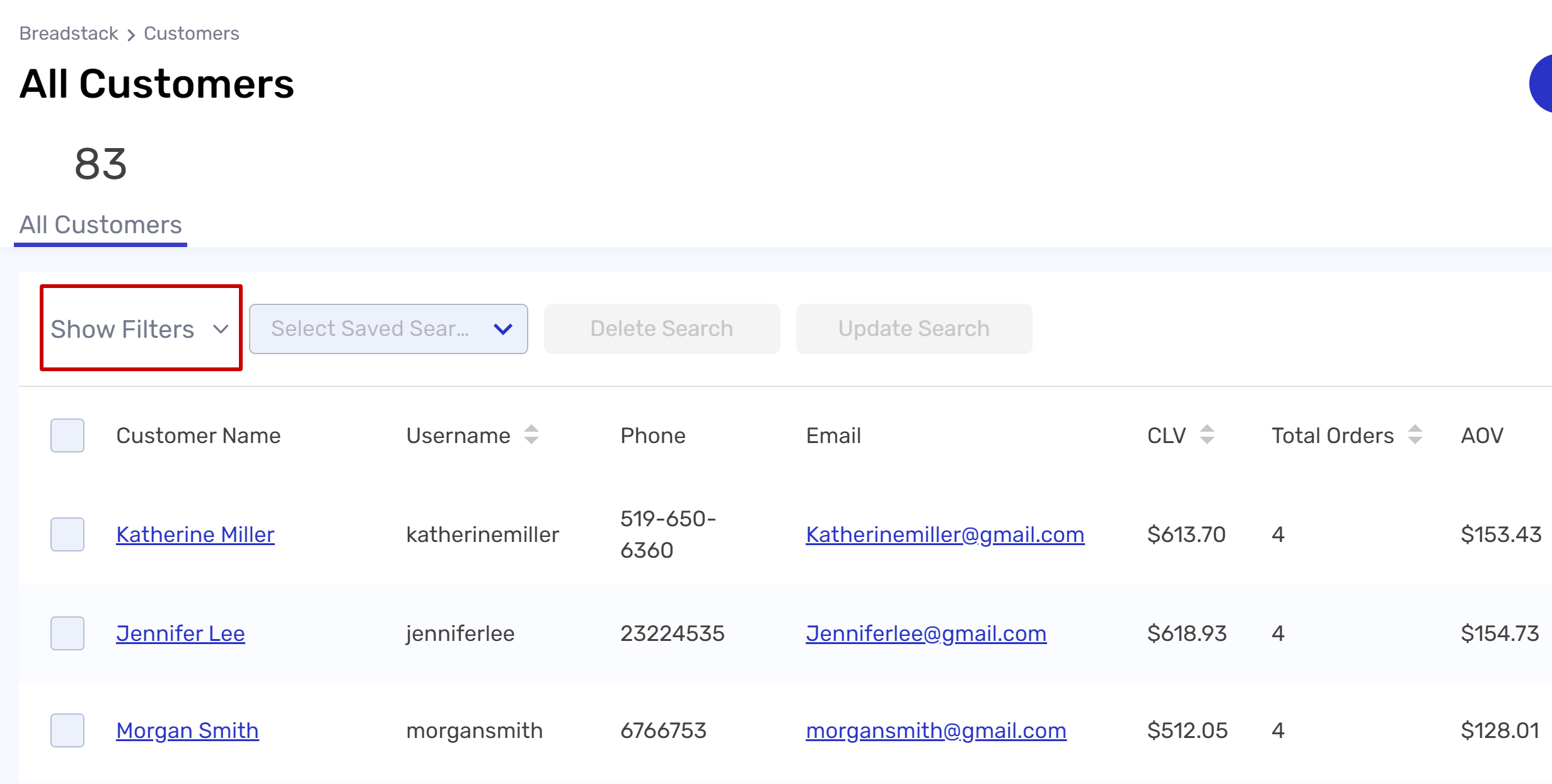 Screenshot Breadstack customer list show filters