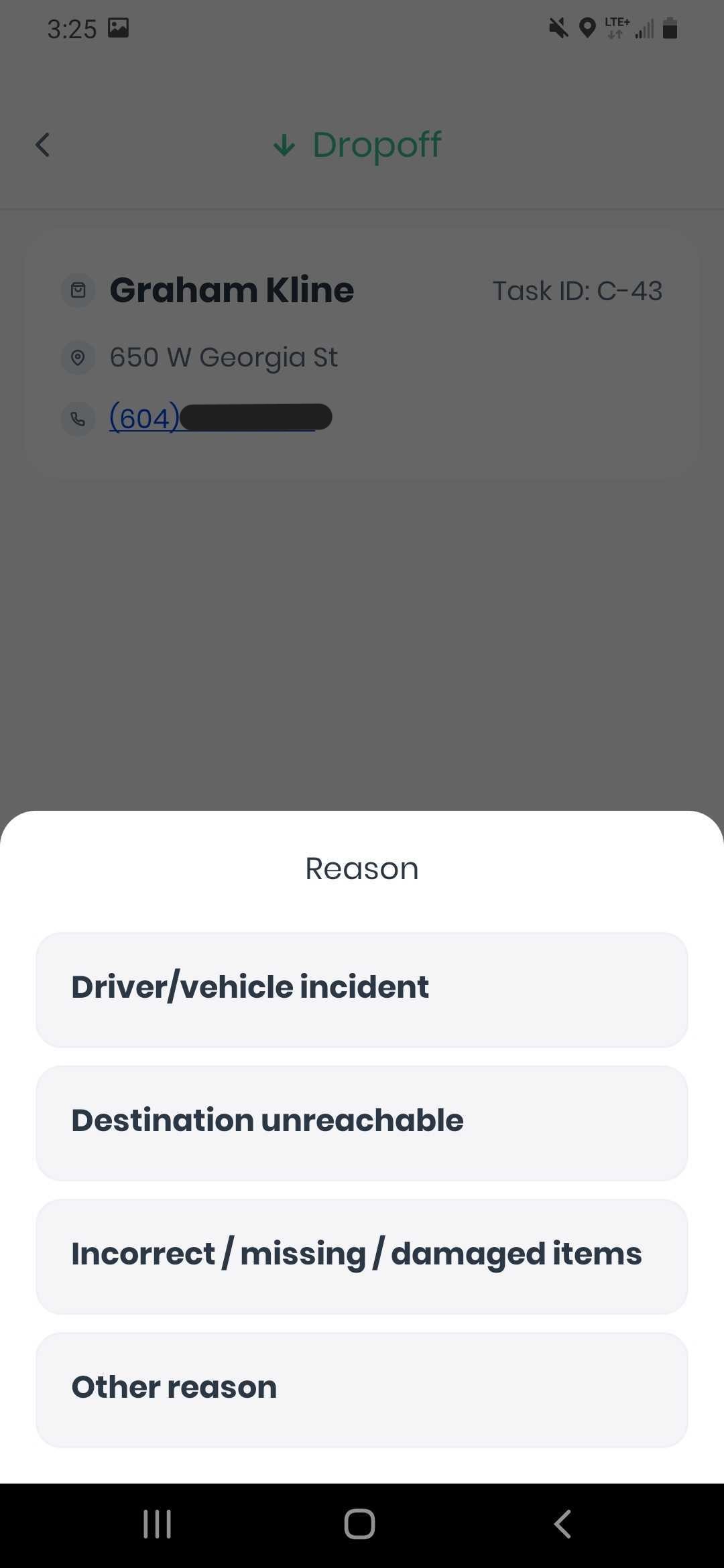 Screenshot CanFleet Driver App cannot dropoff