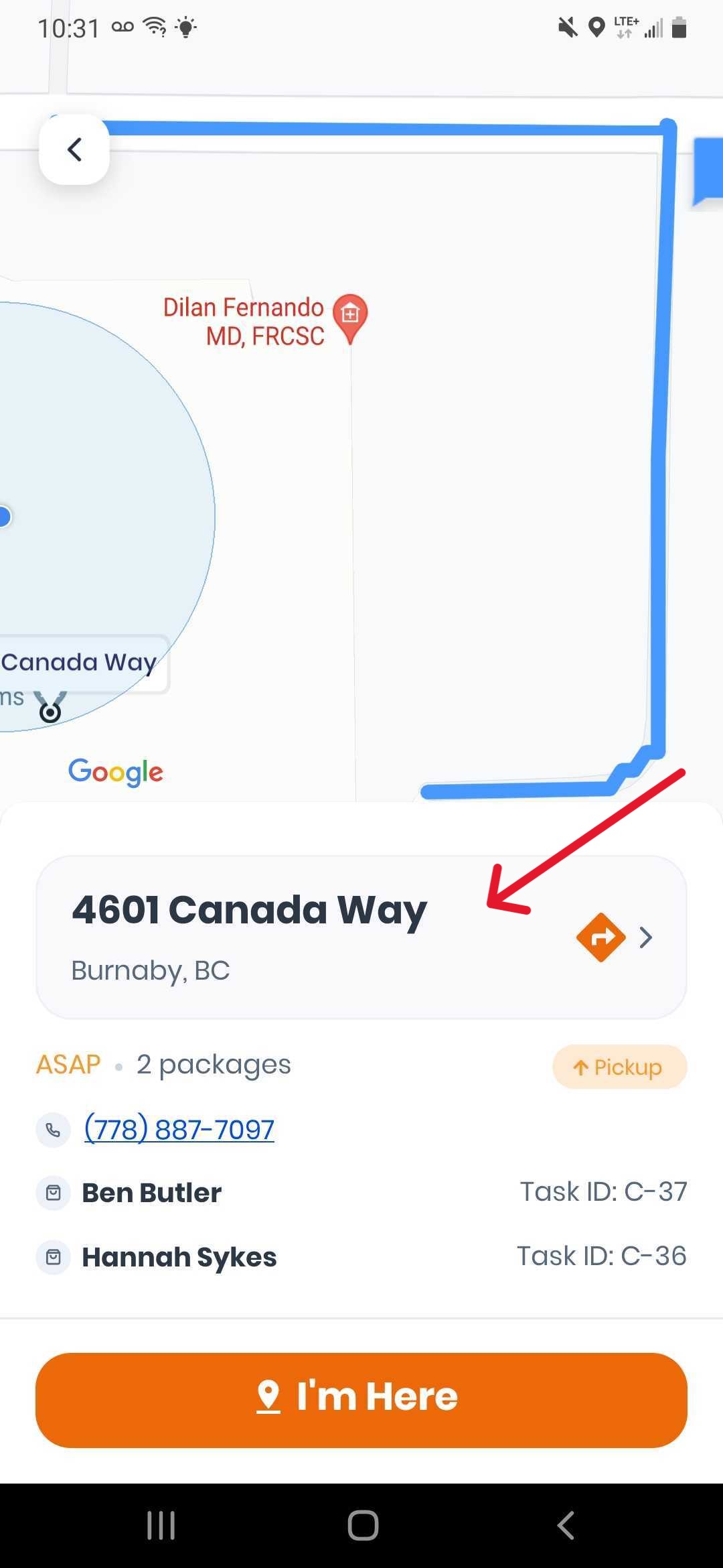 Screenshot CanFleet Driver App pickup task