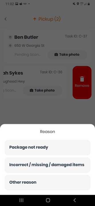 Screenshot CanFleet Driver App remove task reason