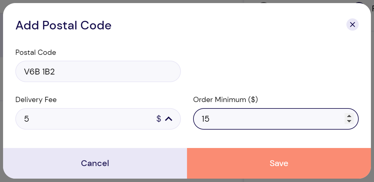 Screenshot CanFleet create postal code zone