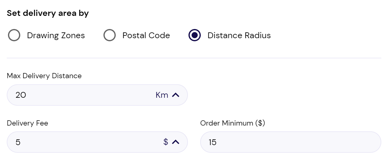 Screenshot CanFleet delivery zone distance radius