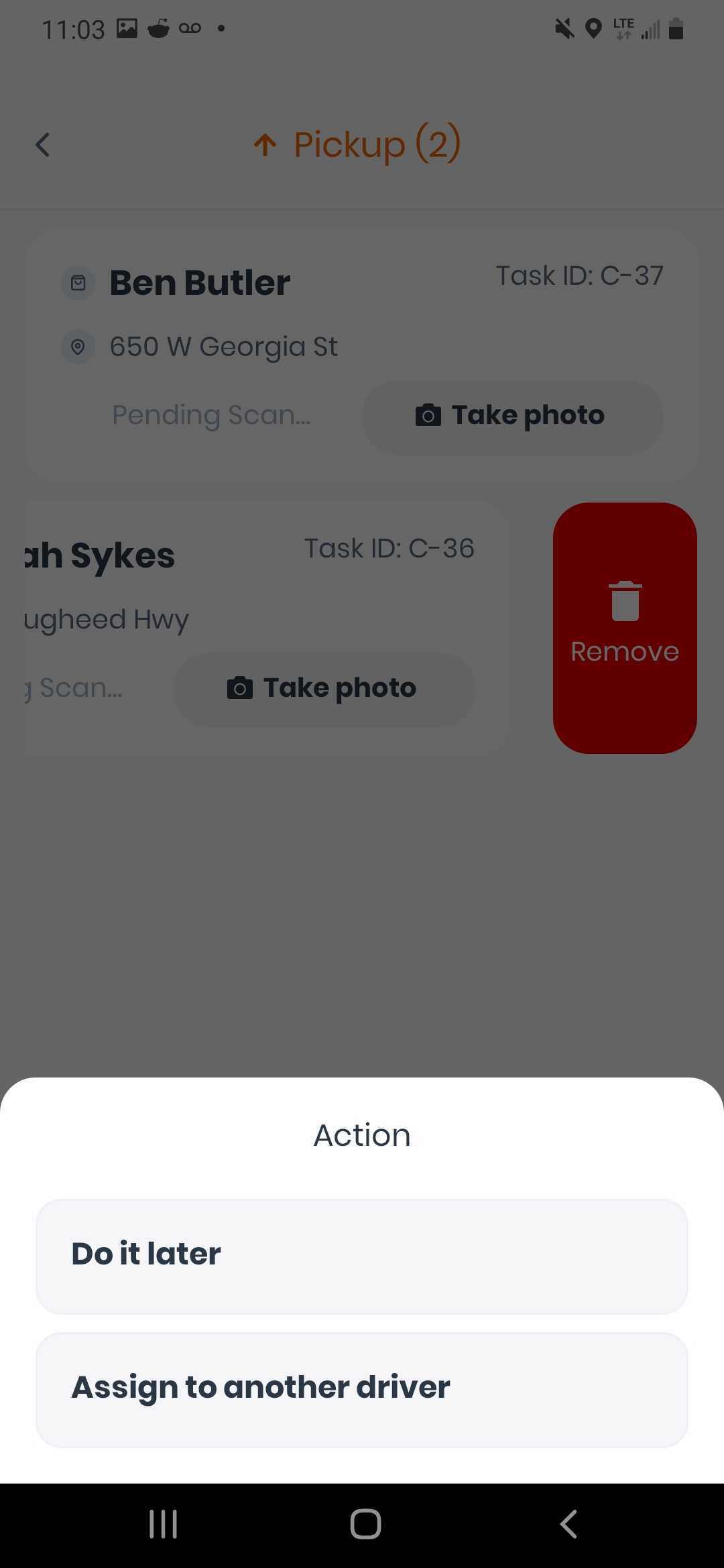 Screenshot CanFleet driver app remove task action