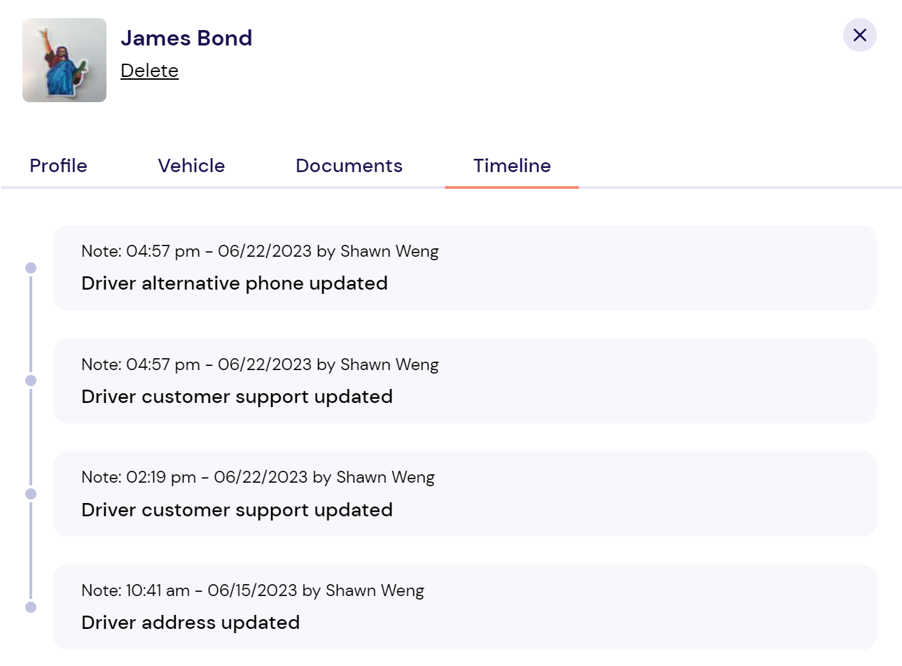 Screenshot CanFleet driver profile timeline